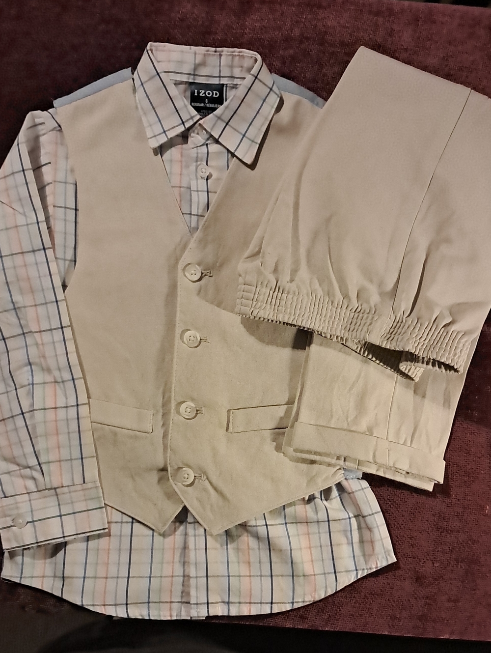 IZOD Boy’s Beige Vest and Pants with Plaid Shirt - Size 6